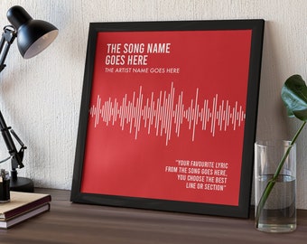 Song Lyrics Soundwave Print • Personalised Music Art Gift • Artist Band Singer Rapper DJ Framed Home Decor Sound Wave Red (8 Colours)