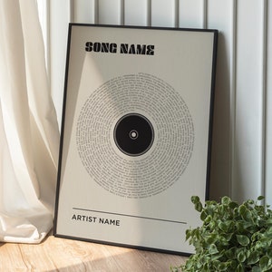 May include: A black and white printable poster with a record-shaped design. The poster features the song title "SONG NAME" and the artist name "ARTIST NAME". The lyrics of the song are printed in a spiral around the centre of the record.