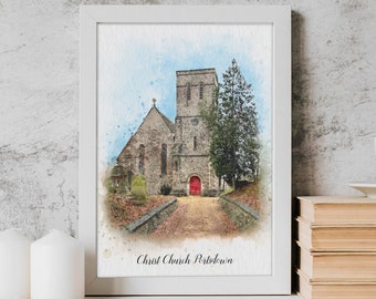 Church Watercolour Personalised Art Print • Beautiful Custom Framed Artwork • Wedding Venue Painting Style • House Home • Family • Photo