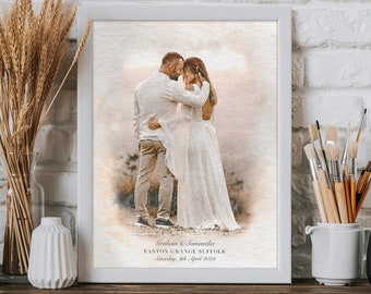 Personalised Wedding Photo Watercolour Artwork • Valentines Day Gift Couple Anniversary Painting Custom Framed Art Print Family Love Sketch