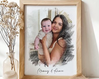 Mother's Day Personalised Family Portrait Print: Pencil Sketch Style Custom Art