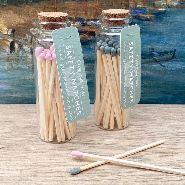 Luxury Safety Matches in Quality Glass Jar Cork Lid • Long Length 75mm Pink, Green, Multicoloured Tips • Premium Candle Lighting Home Decor