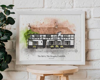 Personalised Watercolour Pub Artwork • Custom Art Print • Wedding Venue • Home • Public House Business Local• Own Photo • Download