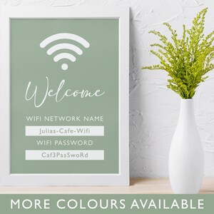 May include: A green sign with a white Wi-Fi symbol and the text "Welcome". The sign also includes the text "WIFI NETWORK NAME", "Julias-Cafe-Wifi", "WIFI PASSWORD", and "Caf3PasSword".