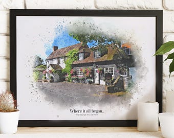 Personalised Watercolour Pub Print: Custom Wedding Venue Artwork, Landlord Gift