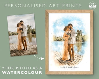 Personalised Wedding Photo Watercolour Artwork • Valentines Day Gift Couple Anniversary Painting Custom Framed Art Print • Family Love