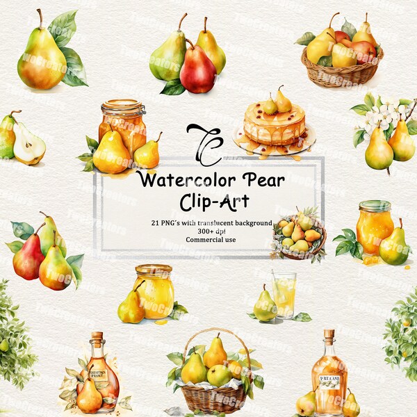 Watercolor Pear Clip-Art - Pear Cake Pear Juice 21 PNGs with translucent background instant download for commercial use