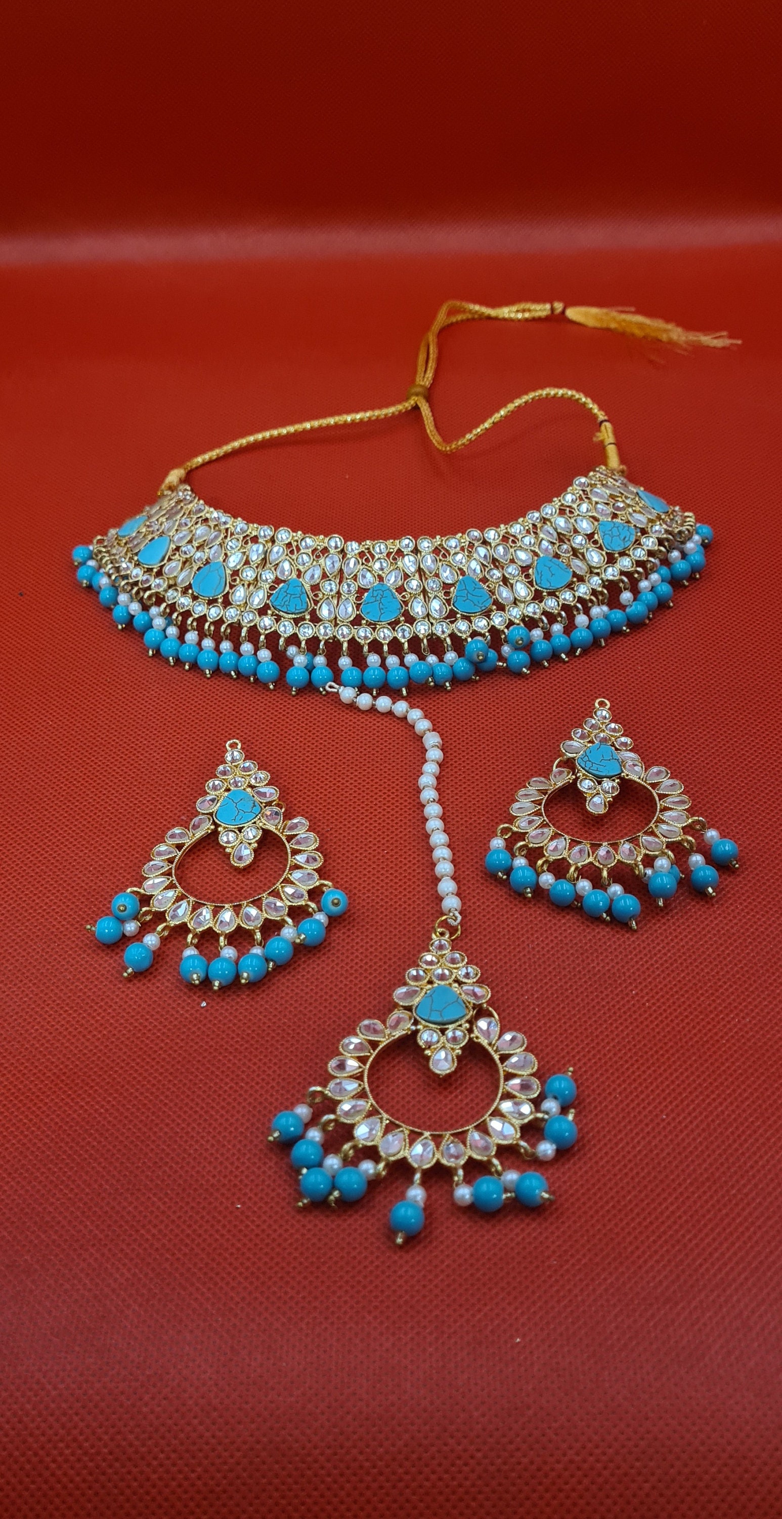 I Jewels Gold Plated Indian Wedding Kundan Necklace Set - Blue Stone Choker With Earrings, Free Size - View #9