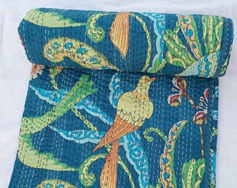 Kantha Quilt Indian Handmade Quilted Bedding Bedspread light weight quilt handstitched quilt block print cotton quilt neutral quilt blanket