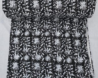 Block Print Quilt Black Floral Kantha Quilt, Handmade Kantha Cotton Bedspread Full/Queen/King