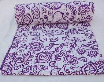 Kantha Quilt Indian Handmade Quilted Bedding Bedspread light weight quilt handstitched quilt block print cotton quilt neutral quilt blanket