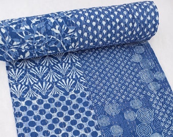 Indian Blue Floral Kantha Bedding Hand Block Royal Print Kantha Throw Queen Quilt Cotton Light Weight Blanket Bedspread Indigo print Quilt