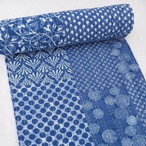 Indian Blue Floral Kantha Bedding Hand Block Royal Print Kantha Throw Queen Quilt Cotton Light Weight Blanket Bedspread Indigo print Quilt