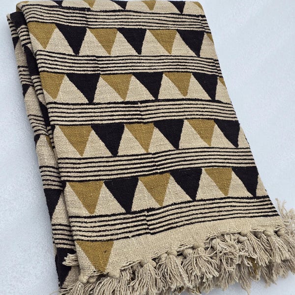 Hand Block Print Cotton Throw Blanket with Tassels – Boho Hand Loomed Sofa Decor
