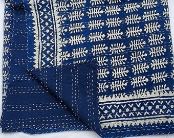 Block Print Indigo Quilt Indian Kantha Quilt Bohemian Bedding Blue Floral Print Quilt