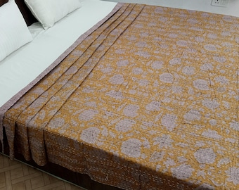 Kantha Bedcover Bedding Quilt Hand Block Floral Design Handblock Floral Print Kantha Throw Quilt Light Weight Block Print Quilted