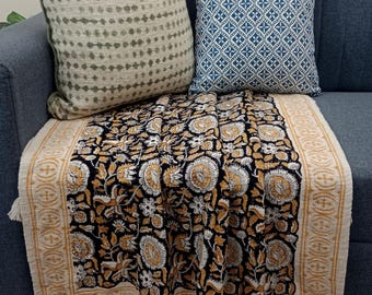 Handmade Sofa Throw block print Throw Cotton Throw Blanket Sofa Room Decor Tassels Hand Loomed Lightweight Woven Decorative Throw