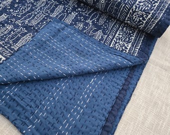 Blue Fish Kantha Quilt Indigo Print Quilt Indian Cotton Bedspread Twin Size Kantha Quilt
