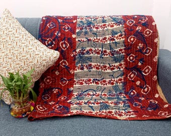Reversible Embroidered Kantha Quilt Throw - Hand Block Print Cotton Sofa throw, Lightweight Blanket, Vintage Kantha Sofa Throw Home Decor