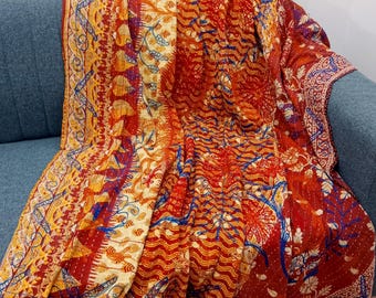Premium Handmade Sofa Throw, Hand block Print Soft Cotton Blanket Room Décor Tassels Hand Loomed Lightweight Decorative Boho Bedding throw