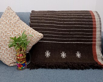 Premium Indian Wool Throw Blanket Brown Woven Wool Throw Designer Decorative Throw Handmade Handwoven Sofa Throw Cottage Living Room Décor