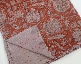 Hand Block Floral Cotton Kantha Quilt Bedspread – Light Weight Hand Stitched Bedding