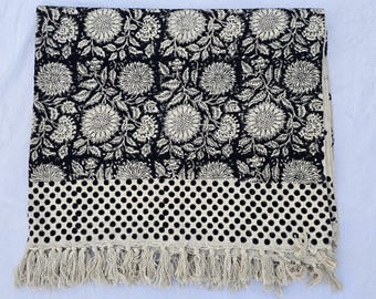 Black Floral Throw Blanket Handmade Tassels Sofa Throw Hand Block Print Cotton Blanket Room Décor Hand Loomed Boho Bedding throw