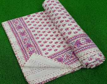 Indian floral Kantha Quilt Queen Cotton floral quilt Kantha Bedspreads Quilt Blanket Kantha Quilts Block Print Kantha Throw