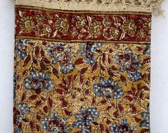 Premium Indian Block Print Mustard Sofa Throw – Handcrafted Cotton Tapestry with Vintage Floral Motif in Blue & Maroon
