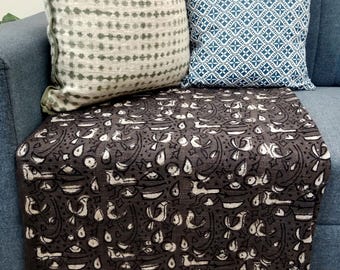 Luxury Valentine's Day Gift, Handmade Block Print Cotton Throw Blanket with Tassels Hand Loomed Lightweight Woven Decorative Sofa Room Decor