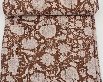Brown Floral Kantha Quilt Block Print Kantha Quilt Lightweight Cotton Bedcover