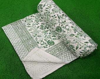 Indian Floral Kantha Bedding Hand Block Royal Print Kantha Throw Queen Quilt Cotton Light Weight Quilt Summer Winter Blanket Bedspread