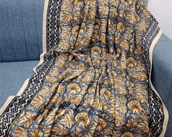 Hand Block Print Cotton Throw Blanket, Boho Tassels pillows and throw blankets