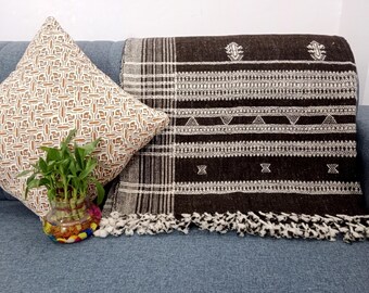 Premium Indian Wool Boho Bedding Throw Blanket Brown Woven Wool Designer Decorative Throw Handmade Handwoven Sofa Throw Cottage Room Décor