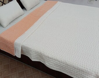 Reversible Organic Cotton Kantha Quilt, Handmade Indian Solid Quilt,Soft Winter Bedding,Queen Size Blanket, Eco-Friendly Cozy Throw for Home