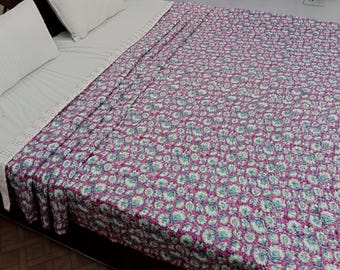 Kantha Bedcover Bedding Quilt Hand Block Floral Design Handblock Floral Print Kantha Throw Quilt Light Weight Block Print Quilted