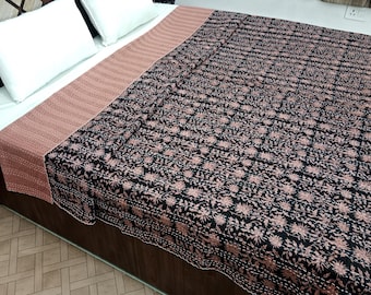 Floral Kantha Quilt, Hand Block Print Cotton Bedding (Queen Size)