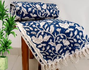 Premium Hand Block Print Throw Cotton Blanket Sofa Room Décor Tassels Hand Loomed Lightweight Decorative throw, Housewarming Gift Of Blanket