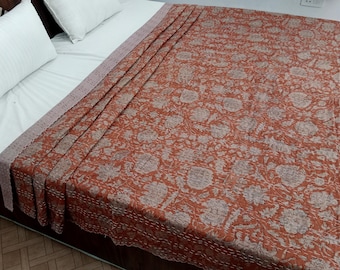 Kantha Bedcover Bedding Quilt Hand Block Floral Design Handblock Floral Print Kantha Throw Quilt Light Weight Block Print Quilted