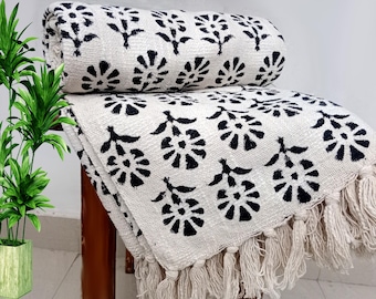 Sofa Throw Handmade Throw Handblock Print Throw Cotton Throw Blanket Sofa Room Décor Tassels Hand Loomed Lightweight Decorative throw