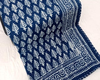 Indian Indigo Floral Kantha Bedding Hand Block Indigo Print Kantha Throw Queen Quilt Cotton Light Weight Quilt Blanket Bedspread Bedding