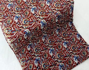Burgundy Floral Block Print Cotton Kantha Quilt – Hand Stitched Bedspread