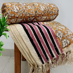 Premium Handmade Sofa Boho Bedding Throw Hand Block Print Cotton Throw Blanket Room Décor Tassels Hand Loomed Lightweight Decorative throw
