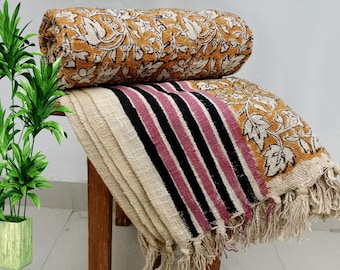 Premium Handmade Sofa Boho Bedding Throw Hand Block Print Cotton Throw Blanket Room Décor Tassels Hand Loomed Lightweight Decorative throw