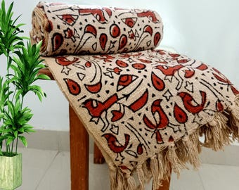 Sofa Throw Handmade Throw Handblock Print Throw Cotton Throw Blanket Sofa Room Décor Tassels Hand Loomed Lightweight Decorative throw