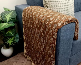 Luxury Valentine's Day Gift, Hand Loomed Cotton Sofa Throw Blanket with Tassels, Block Print Decorative Woven Throw, Lightweight Room Decor