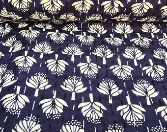 Luxury Indian Cream Black Floral Kantha, Hand Block Royal Print Cotton Bedding, Lightweight Queen Blanket, Vintage Kantha Throw Home Decor