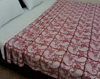 Handmade Kantha Bedcover Bedding Quilt Hand Block Floral Design Handblock Floral Print Kantha Throw Quilt Light Weight Block print quilt