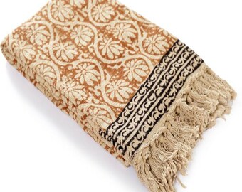 Handblock Print Cotton Throw Blanket, Lightweight Sofa Decor with Tassels