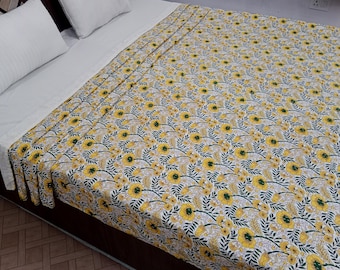 Floral Kantha Quilt Handmade Kantha Bedcover, Hand Block Floral Print Quilt Lightweight Kantha Throw, Pure Cotton Bedcover